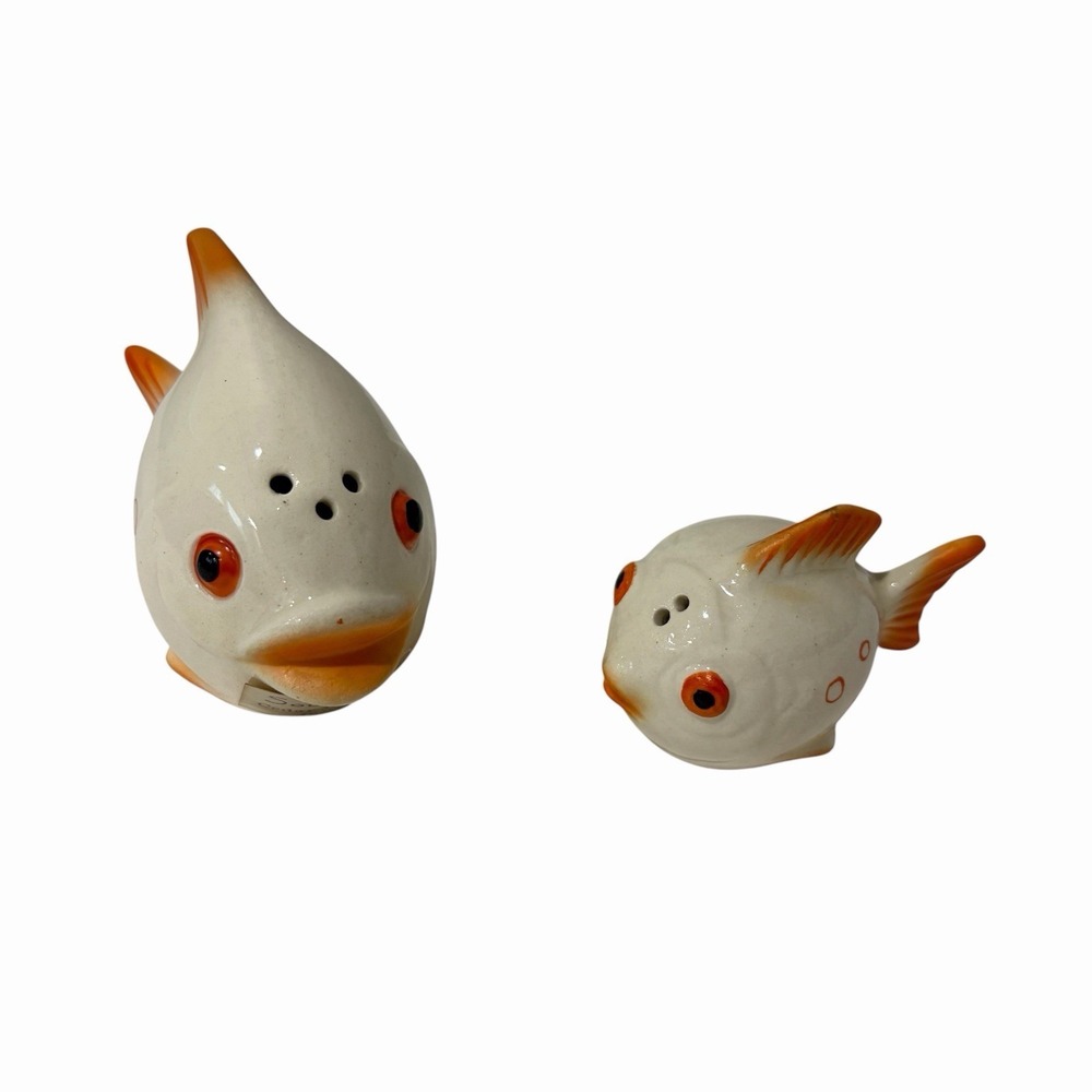 vintage anthropomorphic fish salt & pepper Set Mom &‎ Baby White Orange